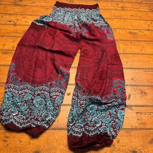 Harem Pants Red Teal Mandala Floral Print Smocked Waist Yoga Boho Trousers